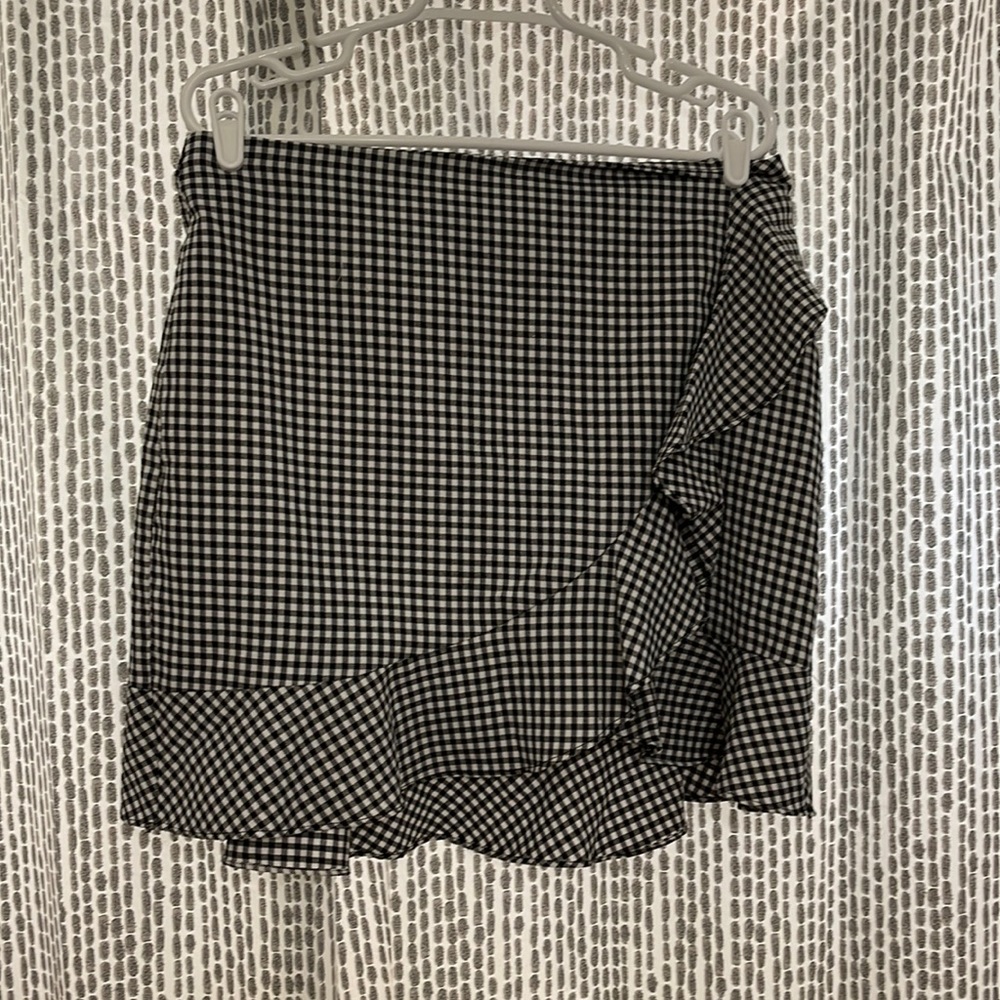 Black Plaid Skirt with Side Ruffle